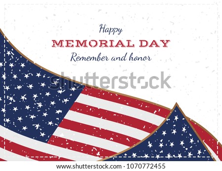 Happy memorial day. Vintage retro greeting card with flag and old-style texture. National American holiday event. Flat Vector illustration EPS10.