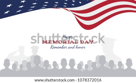 Happy memorial day. Greeting card with flag and soldier on background. National American holiday event. Flat Vector illustration EPS10.