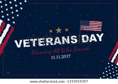 Veterans Day. Greeting card with USA flag on background with texture. National American holiday event. Flat vector illustration EPS10.