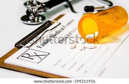 Prescriptions pad. Medical prescription to patient healthcare concept. Prescriptions at worktable. Prescription with drugs, stethoscope, Prescription paper in flat style. Rx prescription form