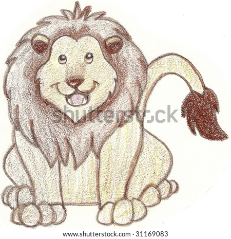 Sketch of a happy, friendly looking lion, looking straight at the user, with his tail to the right side.
