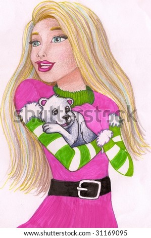 Colored pencil sketch of a young beautiful blond girl holding a young polar bear cub.