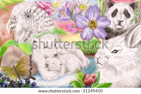 Colored Pencil Sketch of a collection of several types of animals in natural scenes