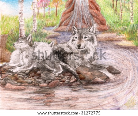 Colored Pencil Sketch of a family of wolves sitting by a dirty stream with a few trees and grass in the background.