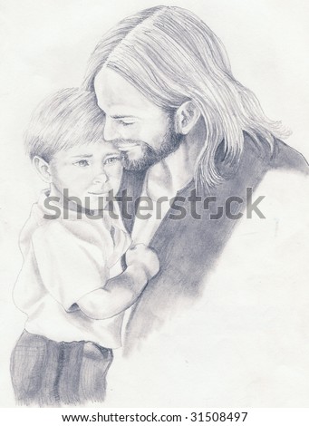Jesus Christ is seen holding a small boy done in a black and white pencil sketch
