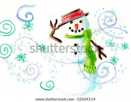 Snowman tipping his had in a colored pencil sketch