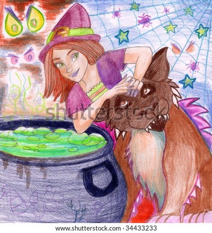 A young friendly-looking witch is sitting in front of a cauldron with a furry beast beside her
