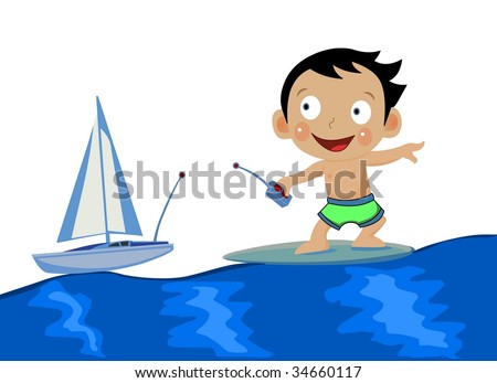 baby surfing and playing with ship toy
