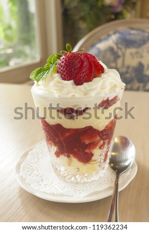 fresh strawberry sliced on top with cream, strawberry jam, cake...umm delicious.