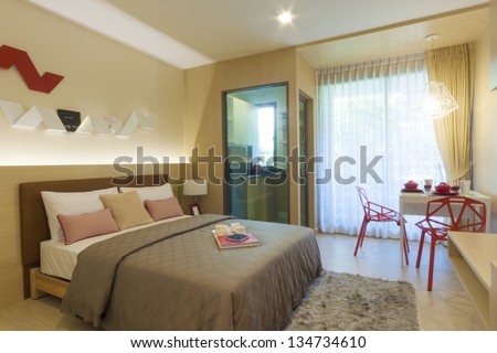 Modern Bedroom With Kitchen Room And Dining Corner.