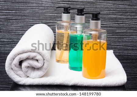 towel roll and pump bottles.