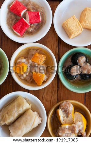 mini dim sum set for breakfast at restaurant in krabi province, on south of Thailand.