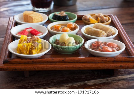 mini dim sum set for breakfast at restaurant in krabi province, on south of Thailand.