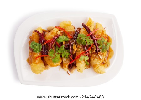 Fried Shrimp plate with fried dough topped with sweet sauce isolated on white.