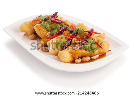 Fried Shrimp plate with fried dough topped with sweet sauce isolated on white.