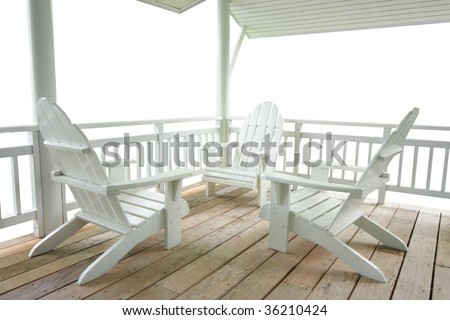 Wood white terrace and chairs isolated white.
