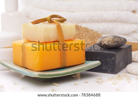 soaps on soap dish with accessory