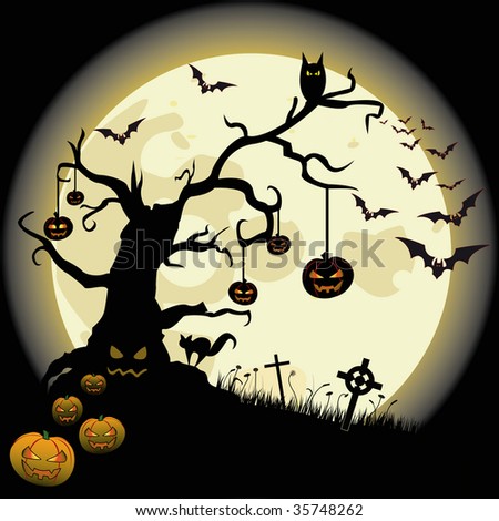 stock vector Halloween background with full moon and many fear objects
