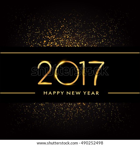 Happy New Year 2017 with glitter isolated on black background, text design gold colored, vector elements for calendar and greeting card.