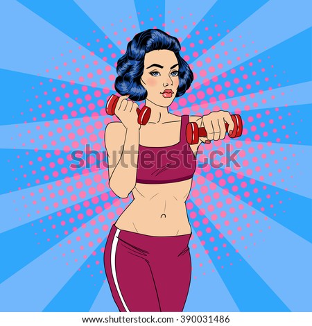 Woman Fitness. Girl Doing Exercises. Woman with Dumbbells. Active People. Woman Sports. Girl in Gym. Woman Yoga. Girl Pilates. Pop Art Style. Vector illustration