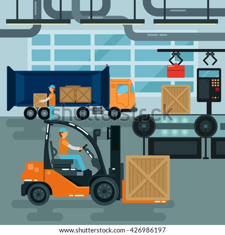 Forklift Inside Factory. Cargo Industry. Heavy Transportation. Warehouse Conveyor. Vector illustration