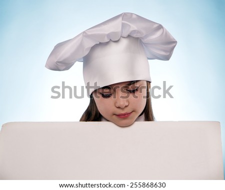 the girl with hat chefs and billboards isolated on the blue background