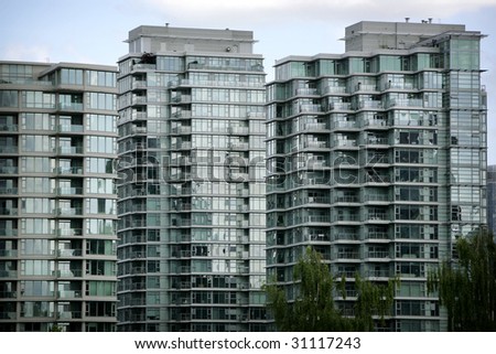 Glass and concrete apartment buildings in downtown vancouver