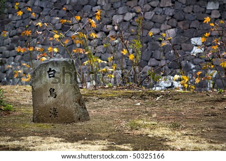 Japanese marker stone with Kanji script, in front of a stone wall