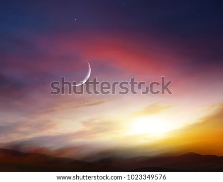 Light from sky . Religion background . The sky at night with stars. New moon . Ramadan background . Prayer time .  Dramatic nature background . Arab night   . eclipse of the moon