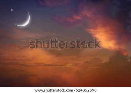 Red sunset and moon .  Mubarak background  .  Against the background of clouds . beautiful sky. Yellow and pink clouds . Sunset and new moon Prayer time