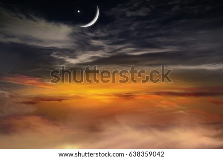 Ramadan background . Half moon and star .  Sky of a decline . Fantastic Ramadan .  Beautiful decline . Sunset and new moon . Beautiful sky .