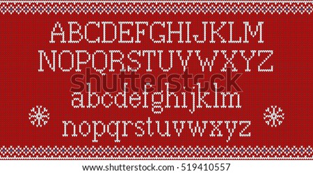 Christmas font. Knitted latin alphabet on seamless knitted pattern with snowflakes and fir. Nordic fair isle knitting, winter holiday sweater design. Vector Illustration.