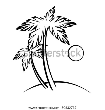 sunset on beach with palm trees. stock vector : Two palm trees,