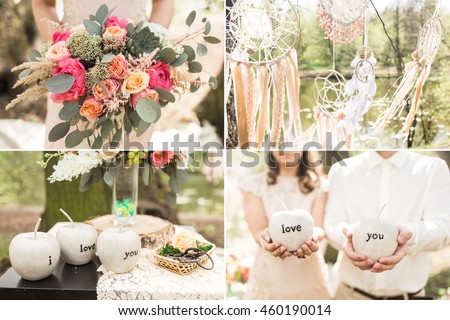 Wedding decoration on boho style: Dream catchers, flowers