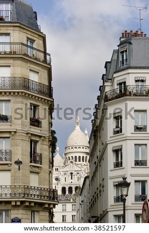 The Sacre Coeur viewed from the Boulevard de Rouchechouart in Paris, France