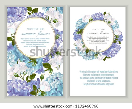 Vector banners set with roses and hydrangea flowers.Template for greeting cards, wedding decorations, invitation ,sales. Spring or summer design. Place for text.