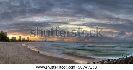 Panoramic view of Surfer's Paradise (Gold Coast, Australia) from Burleigh Heads, captured at dusk. Image is a high dynamic range (HDR) panorama comprising 4 sets of 3 exposures.