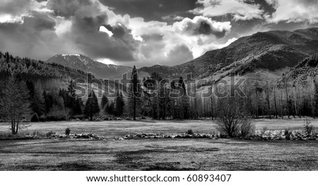 Panoramic view of a mountain range in New Zealand, in black and white. High dynamic range image.