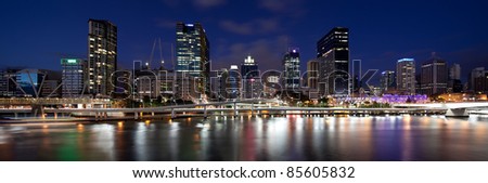 Panoramic view of Brisbane CBD from Southbank. Captured using Canon 5D2 and TSE-17mm f/4L lens. Composite of 3 images.