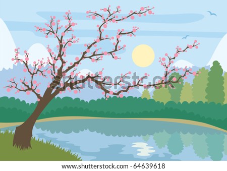 Sakura: Cartoonish landscape of a mountain lake and blossoming tree. No transparency and gradients used.