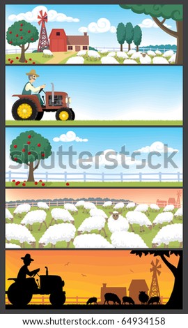 Farm Landscapes: 5 farm landscapes. Very suitable for website banners. No transparency and gradients used.
