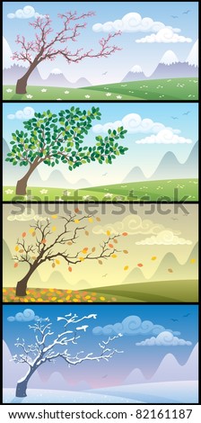 Seasons Landscapes: Cartoon landscape during the four seasons. No transparency used. Basic (linear) gradients.