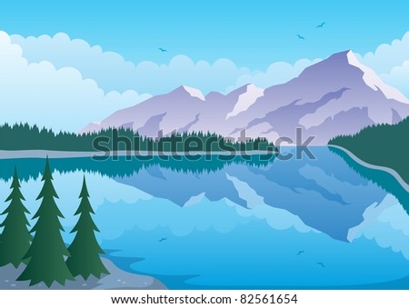 Mountain Lake: Illustrated landscape of ? mountain and lake. No transparency used. Basic (linear) gradients. A4 proportions.