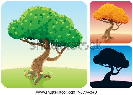 Tree Square Landscapes: Cartoon square landscape with a tree in 3 versions. No transparency used. Basic (linear) gradients.