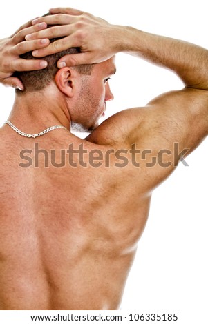 Half of the muscular bodybuilder back. Isolated on white.