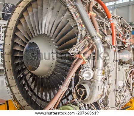 Dismantled plane engine. Aircraft maintenance.