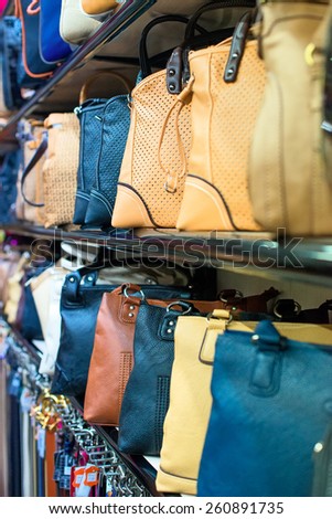 Leather handbags collection in the store.