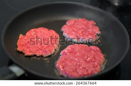 Ground beef patties in the pan.