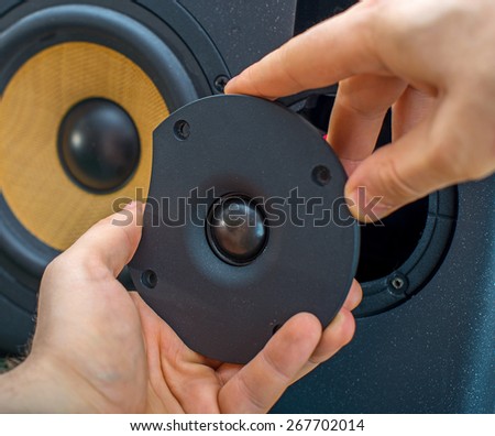 Male hand connecting professional studio monitor speaker.