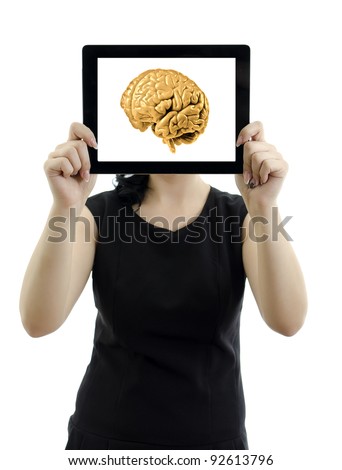 Woman holding tablet pc. Brain concept. Isolated on white.
